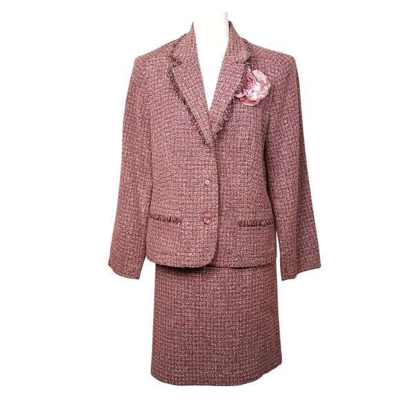 Norton McNaughton VTG 2PC Pink Blue Tweed Fringe Skirt Suit 14 DR0018 - Picture 1 of 6